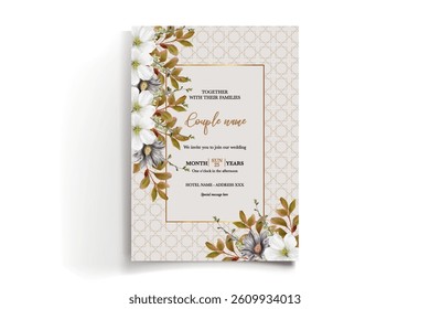 WEDDING INVITATION FRAME WITH FLOWER DECORATIONS AND FRESH LEAVES