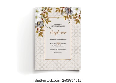 WEDDING INVITATION FRAME WITH FLOWER DECORATIONS AND FRESH LEAVES