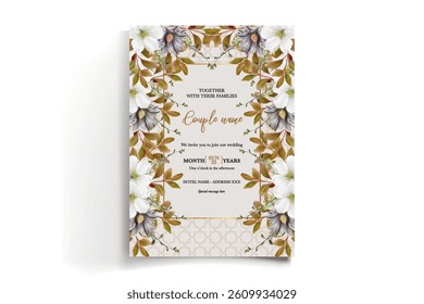 WEDDING INVITATION FRAME WITH FLOWER DECORATIONS AND FRESH LEAVES