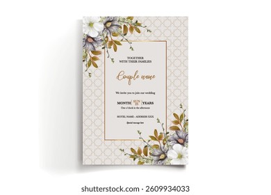 WEDDING INVITATION FRAME WITH FLOWER DECORATIONS AND FRESH LEAVES