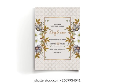 WEDDING INVITATION FRAME WITH FLOWER DECORATIONS AND FRESH LEAVES