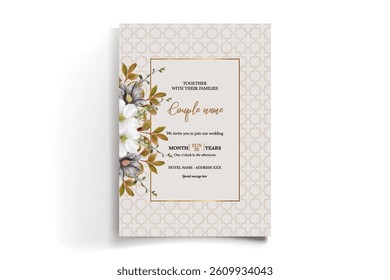 WEDDING INVITATION FRAME WITH FLOWER DECORATIONS AND FRESH LEAVES