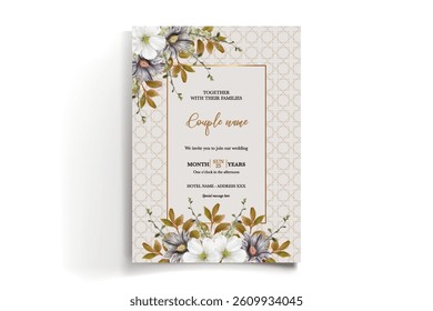 WEDDING INVITATION FRAME WITH FLOWER DECORATIONS AND FRESH LEAVES