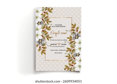 WEDDING INVITATION FRAME WITH FLOWER DECORATIONS AND FRESH LEAVES