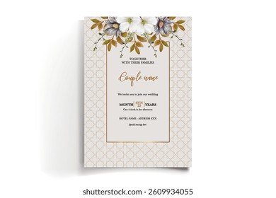 WEDDING INVITATION FRAME WITH FLOWER DECORATIONS AND FRESH LEAVES