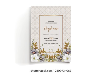 WEDDING INVITATION FRAME WITH FLOWER DECORATIONS AND FRESH LEAVES