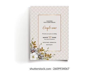 WEDDING INVITATION FRAME WITH FLOWER DECORATIONS AND FRESH LEAVES