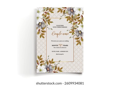 WEDDING INVITATION FRAME WITH FLOWER DECORATIONS AND FRESH LEAVES