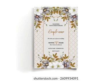 WEDDING INVITATION FRAME WITH FLOWER DECORATIONS AND FRESH LEAVES