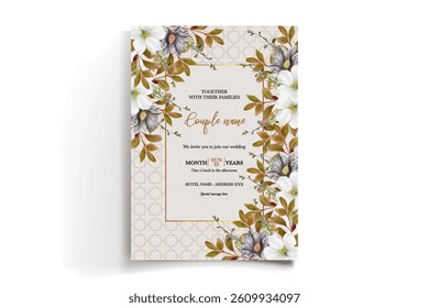 WEDDING INVITATION FRAME WITH FLOWER DECORATIONS AND FRESH LEAVES