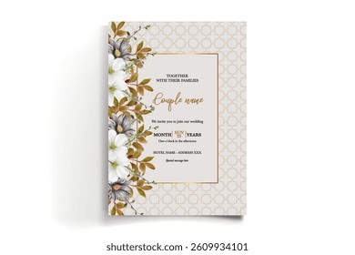WEDDING INVITATION FRAME WITH FLOWER DECORATIONS AND FRESH LEAVES