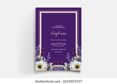 WEDDING INVITATION FRAME WITH FLOWER DECORATIONS AND FRESH LEAVES
