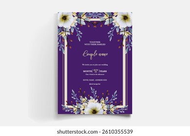 WEDDING INVITATION FRAME WITH FLOWER DECORATIONS AND FRESH LEAVES