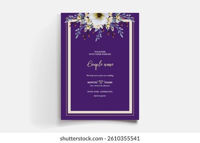 WEDDING INVITATION FRAME WITH FLOWER DECORATIONS AND FRESH LEAVES