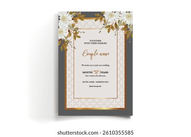 WEDDING INVITATION FRAME WITH FLOWER DECORATIONS AND FRESH LEAVES