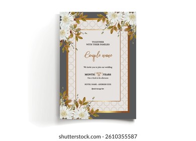WEDDING INVITATION FRAME WITH FLOWER DECORATIONS AND FRESH LEAVES