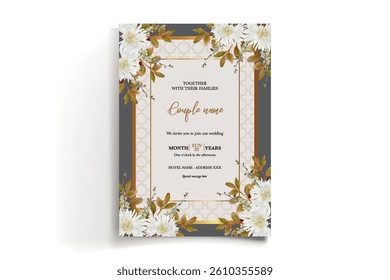 WEDDING INVITATION FRAME WITH FLOWER DECORATIONS AND FRESH LEAVES