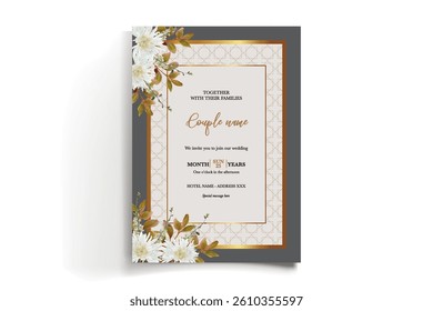 WEDDING INVITATION FRAME WITH FLOWER DECORATIONS AND FRESH LEAVES