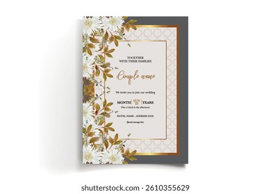 WEDDING INVITATION FRAME WITH FLOWER DECORATIONS AND FRESH LEAVES
