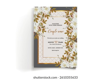 WEDDING INVITATION FRAME WITH FLOWER DECORATIONS AND FRESH LEAVES