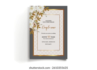 WEDDING INVITATION FRAME WITH FLOWER DECORATIONS AND FRESH LEAVES