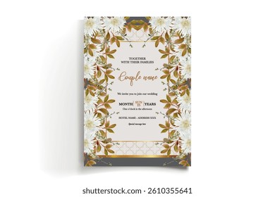WEDDING INVITATION FRAME WITH FLOWER DECORATIONS AND FRESH LEAVES