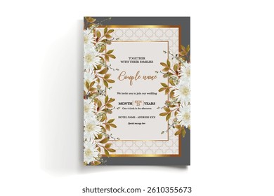 WEDDING INVITATION FRAME WITH FLOWER DECORATIONS AND FRESH LEAVES