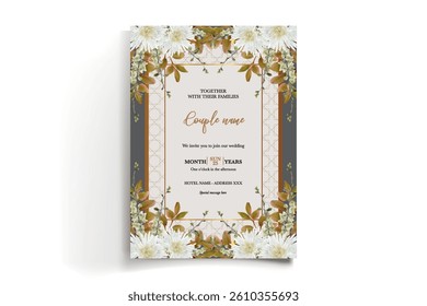 WEDDING INVITATION FRAME WITH FLOWER DECORATIONS AND FRESH LEAVES