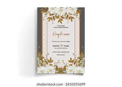 WEDDING INVITATION FRAME WITH FLOWER DECORATIONS AND FRESH LEAVES
