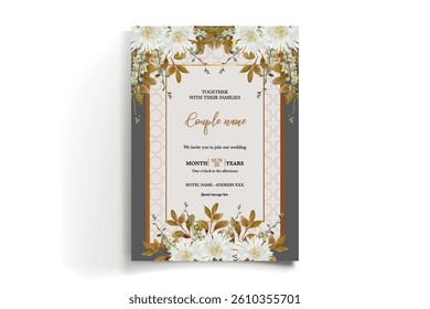 WEDDING INVITATION FRAME WITH FLOWER DECORATIONS AND FRESH LEAVES