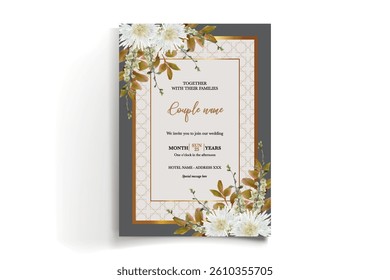 WEDDING INVITATION FRAME WITH FLOWER DECORATIONS AND FRESH LEAVES