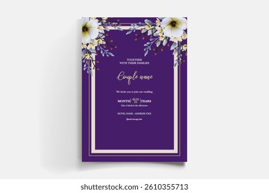 WEDDING INVITATION FRAME WITH FLOWER DECORATIONS AND FRESH LEAVES