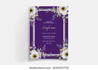 WEDDING INVITATION FRAME WITH FLOWER DECORATIONS AND FRESH LEAVES