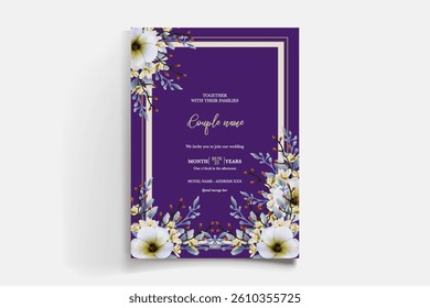 WEDDING INVITATION FRAME WITH FLOWER DECORATIONS AND FRESH LEAVES