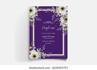 WEDDING INVITATION FRAME WITH FLOWER DECORATIONS AND FRESH LEAVES