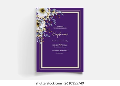 WEDDING INVITATION FRAME WITH FLOWER DECORATIONS AND FRESH LEAVES