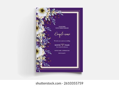 WEDDING INVITATION FRAME WITH FLOWER DECORATIONS AND FRESH LEAVES