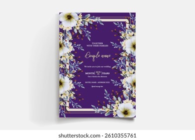 WEDDING INVITATION FRAME WITH FLOWER DECORATIONS AND FRESH LEAVES