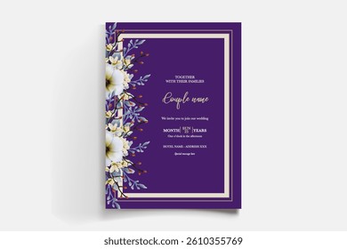 WEDDING INVITATION FRAME WITH FLOWER DECORATIONS AND FRESH LEAVES