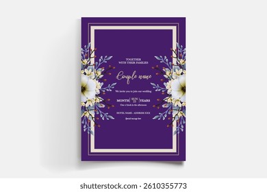 WEDDING INVITATION FRAME WITH FLOWER DECORATIONS AND FRESH LEAVES