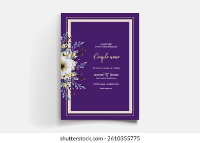 WEDDING INVITATION FRAME WITH FLOWER DECORATIONS AND FRESH LEAVES