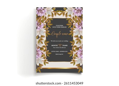 WEDDING INVITATION FRAME WITH FLOWER DECORATIONS AND FRESH LEAVES