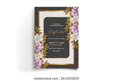 WEDDING INVITATION FRAME WITH FLOWER DECORATIONS AND FRESH LEAVES