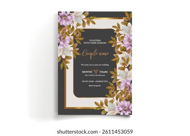 WEDDING INVITATION FRAME WITH FLOWER DECORATIONS AND FRESH LEAVES