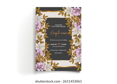 WEDDING INVITATION FRAME WITH FLOWER DECORATIONS AND FRESH LEAVES