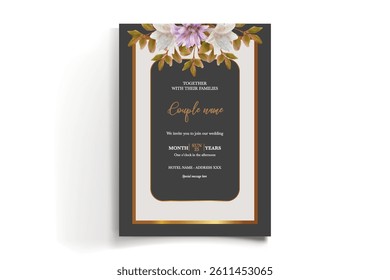 WEDDING INVITATION FRAME WITH FLOWER DECORATIONS AND FRESH LEAVES