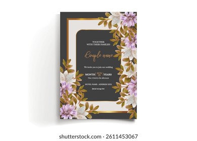 WEDDING INVITATION FRAME WITH FLOWER DECORATIONS AND FRESH LEAVES