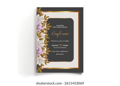 WEDDING INVITATION FRAME WITH FLOWER DECORATIONS AND FRESH LEAVES