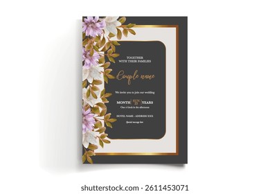 WEDDING INVITATION FRAME WITH FLOWER DECORATIONS AND FRESH LEAVES