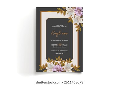 WEDDING INVITATION FRAME WITH FLOWER DECORATIONS AND FRESH LEAVES